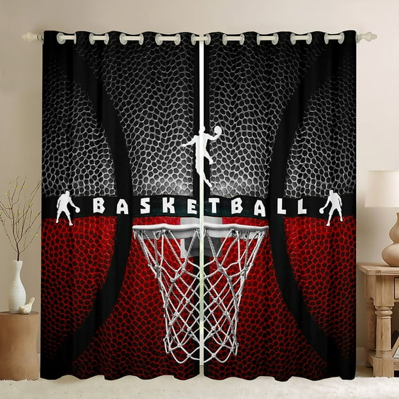 Erosebridal Basketball Blackout Curtains,Ball Games Sports Curtains & Drapes,Basketball Hoop Window Curtains,Red Black Basketball Window Treatments 2 Panels 42"Wx63"L