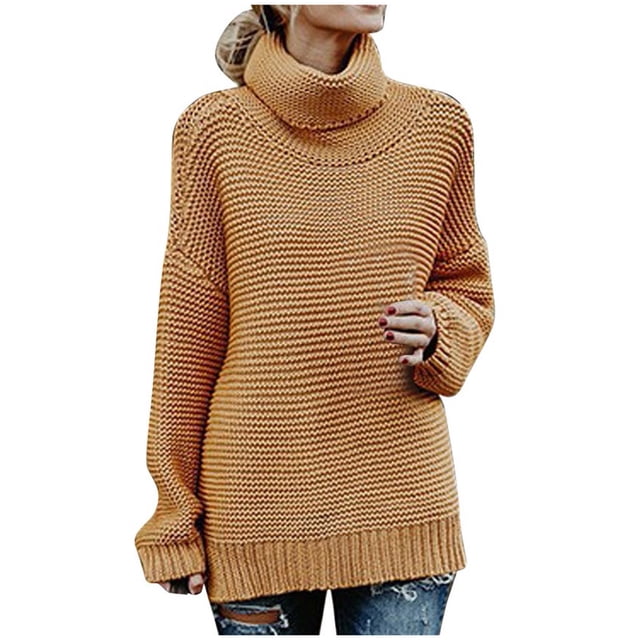 IROINID Women's Turtleneck Pullover Sweater Solid Color Loose Mid-Length Long Sleeve Thick Line Sweater