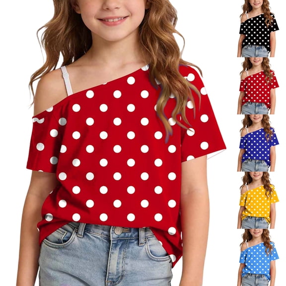 Fengqque Girl's off the Shoulder Tops Short Sleeve Loose Summer T Shirt Tops Polka Dot Print Cold Shoulder Tops Yellow-A 13-14 Years