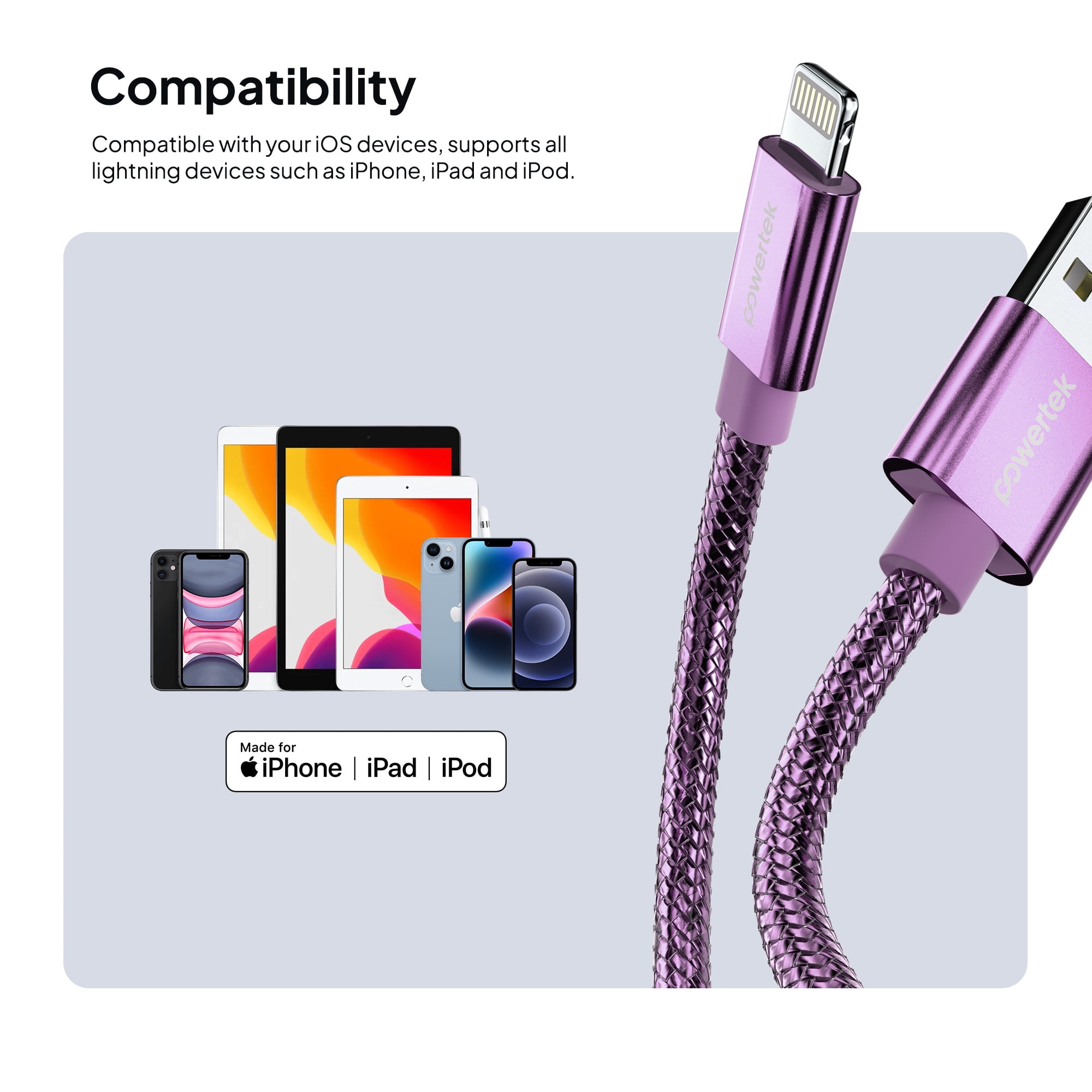 Powertek Luxe 6ft USB-A to Lightning Cable, Purple, Fast Charge & Sync, Metallic Mesh PVC Jacket, Durable Tangle-Free Design