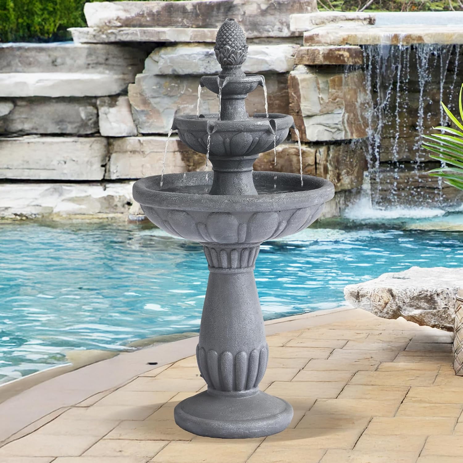 Grepatio Italian Outdoor Water Fountain, 3 Tiers Bubbler Garden Waterfalls Fountains, 40.6" H Tall Roman Pillar Floor Water Fountain for Indoor, Yard, Lawn and Garden Décor
