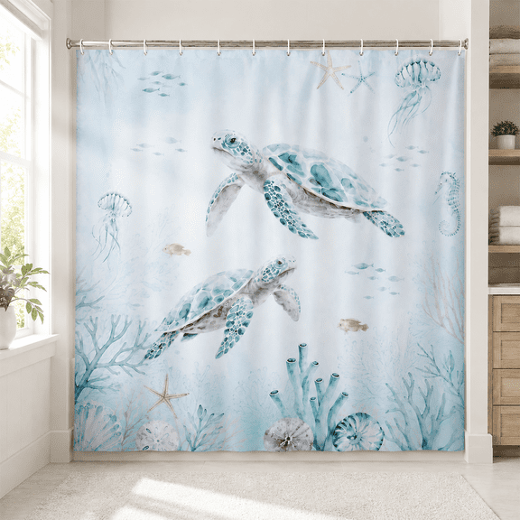 SEISSO Sea Turtle Shower Curtain Ocean Coastal Shower Curtain Set Water Repellent Shower Curtain for Bathroom 72" W x 72" L