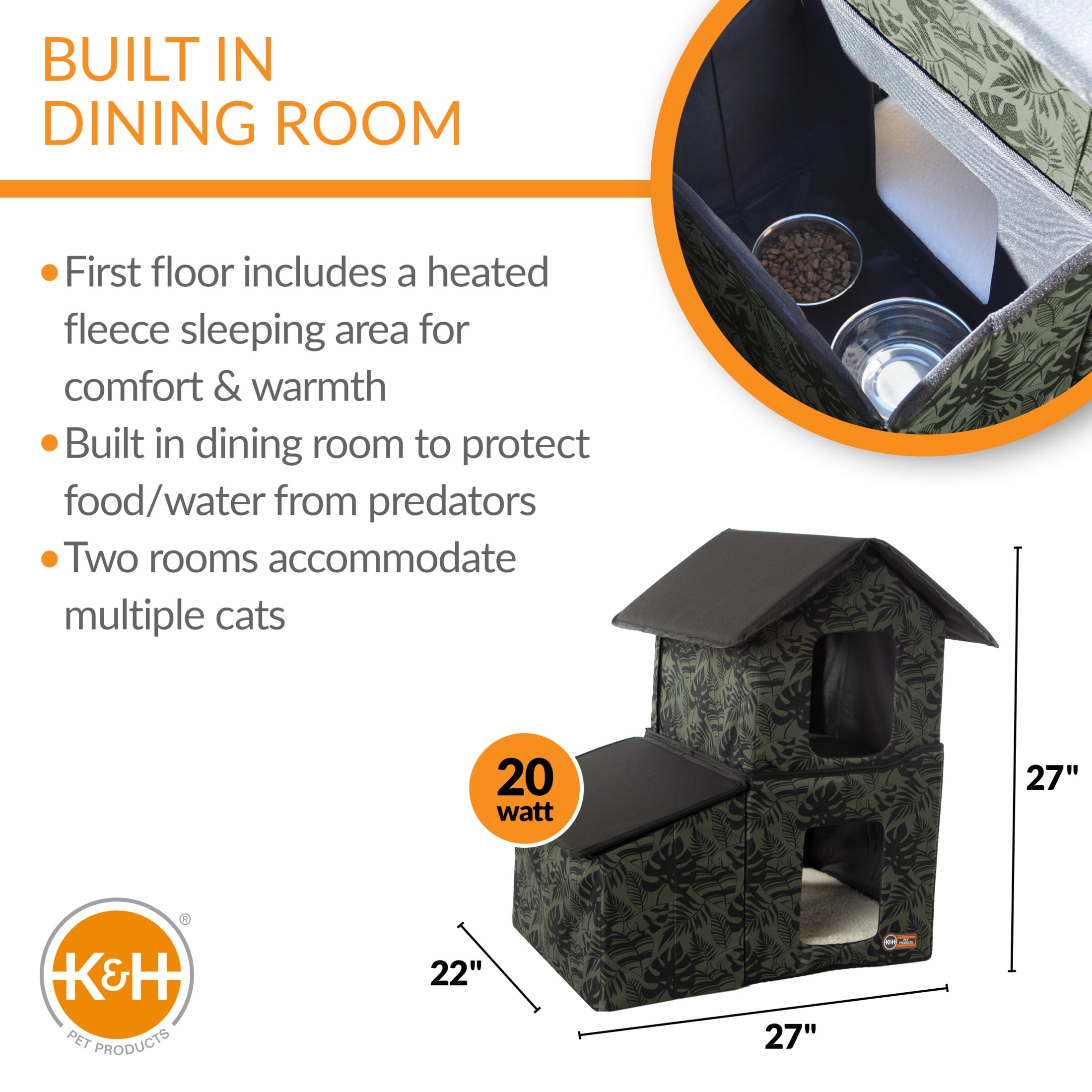 K&H Pet Products Two-Story Outdoor Kitty House with Dining Room Heated Green Leaf 27 X 22 X 27