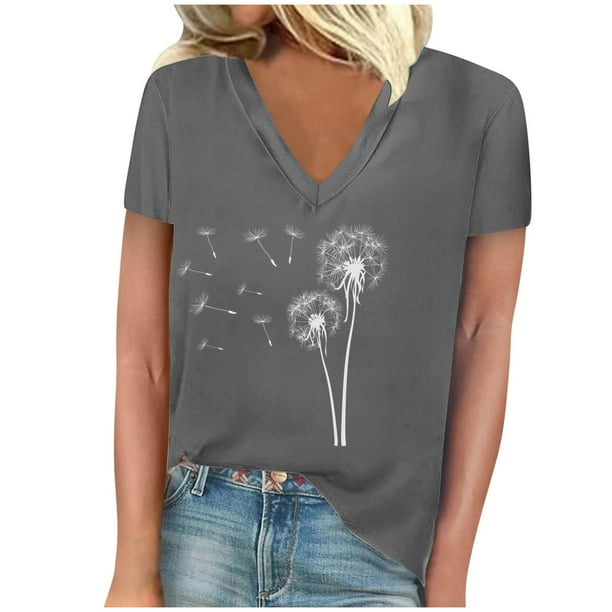 Camisetas de Manga Corta para las Mujeres, Impresión de Cuello en V Camiseta Casual Top Hecho de 95% Poliéster 5% Spandex para el Uso Diario de Primavera Verano, Camisetas para las Mujeres Casual