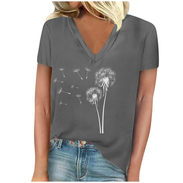 Camisetas de Manga Corta para las Mujeres, Impresión de Cuello en V Camiseta Casual Top Hecho de 95% Poliéster 5% Spandex para el Uso Diario de Primavera Verano, Camisetas para las Mujeres Casual