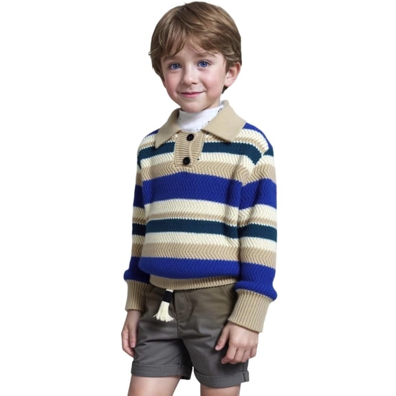 Bobifish Boys Striped Polo Collar Sweater Blue & Beige Pattern Long Sleeve Knitted Sweater Tassel Detail Casual Children’S Pullover Top