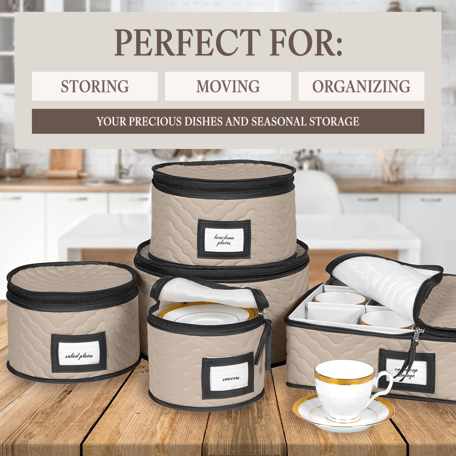 China Storage Containers 5-Piece Set Moving Boxes for Dinnerware, Glasses, Plates, Mugs and Saucers Sturdy Quilted Microfiber Dish Organizer with Dividers for Seasonal Storage - Holds Set of 12