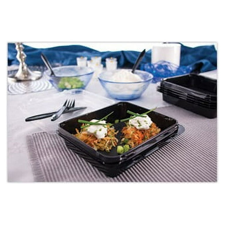 Creative Carryouts Hinged Plastic Hot Deli Boxes, Medium Snack Box, 18 oz, 6.22 x 5.9 x 2.1, Black/Clear, 200/Carton Creative Carryouts Hinged Plastic Hot Deli Boxes, Medium Snack Box, 18 oz, 6.22 x 5.9 x 2.1, Black/Clear, 200/Carton