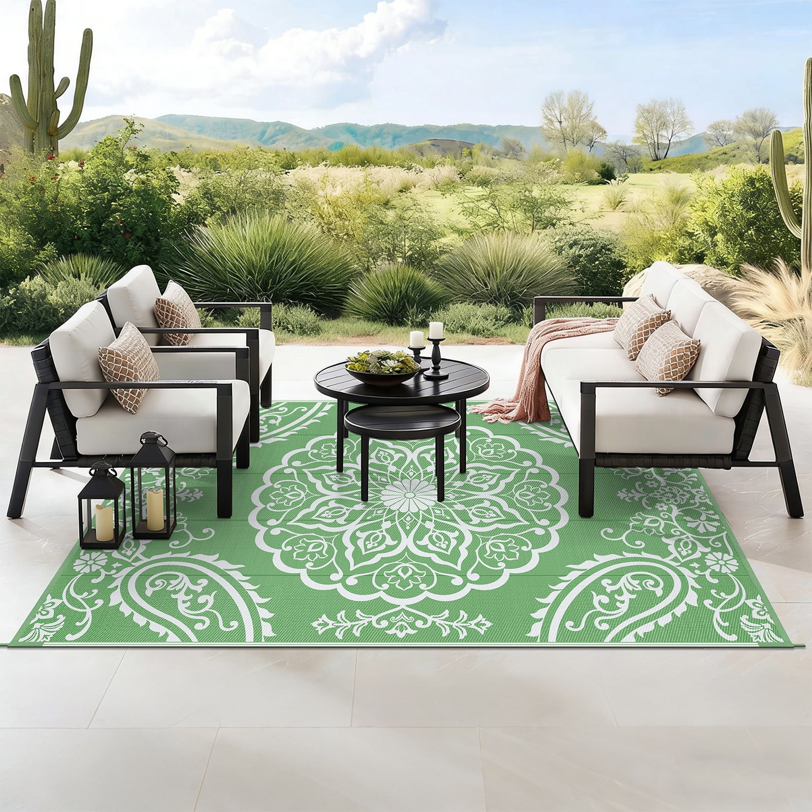 MeyJey 6'x9' Outdoor Rugs for Patio, Patio Rug Waterproof RV Mats, Plastic Straw Camping Area Rug for Indoor Porch Balcony Beach Mat, Green