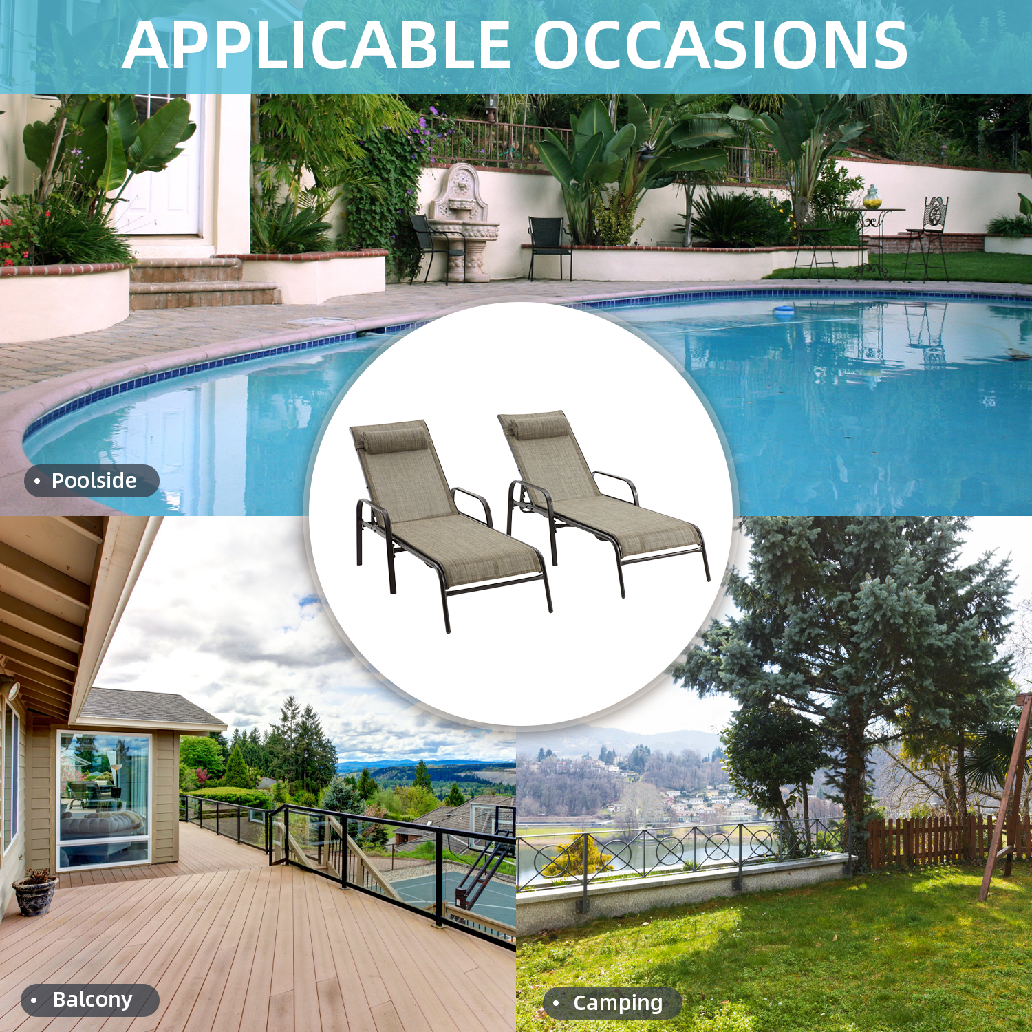Hommow Outdoor Chaise Lounge Chair, Set of 2 Adjustable Patio Chaise Lounges for Beach Yard Pool,Brown
