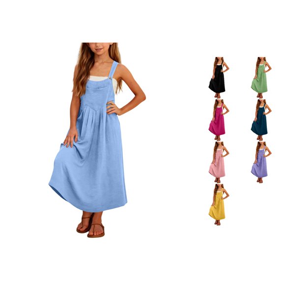 Girls Summer Casual Solid Color Dress with Pockets for Everyday Schoolwear - Lightweight Girls Dress with Comfortable Fit for Daily Activities and Outdoor Girls' Summer Casual Dress