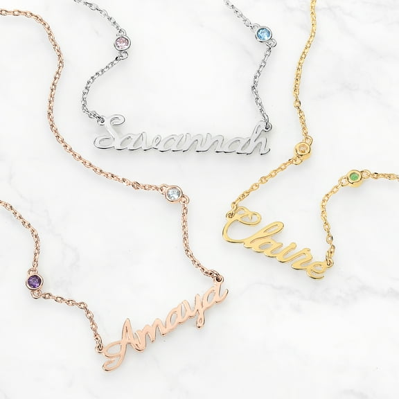 Personalized Planet Petite Script Name and Birthstone Necklace ,Women's