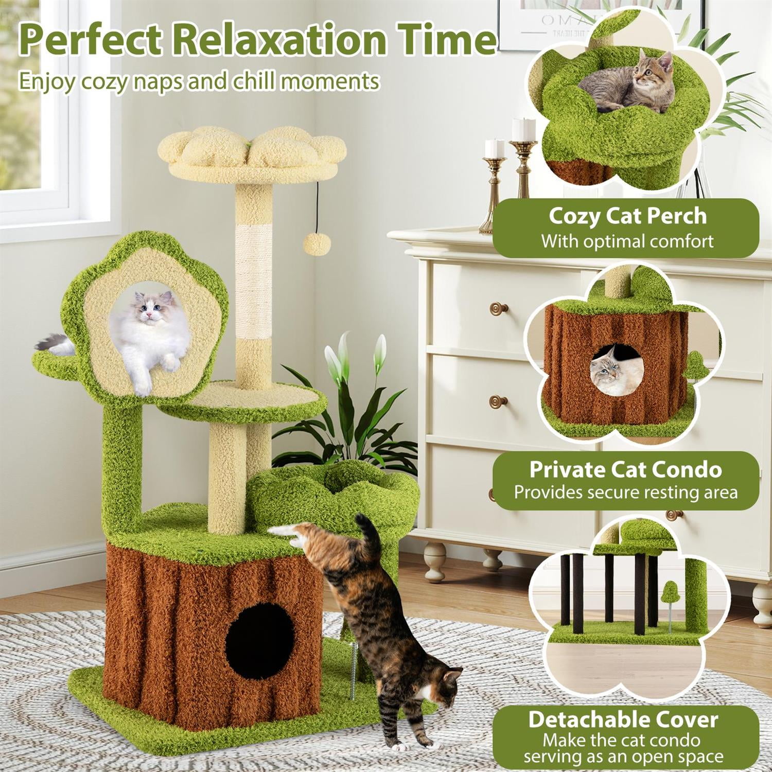 Pefilos Cute Multi-Level Cat Tree for Adult Cats, Trunk Condo & Flower-shaped Perch, Sisal Posts & Hanging Toys, Green