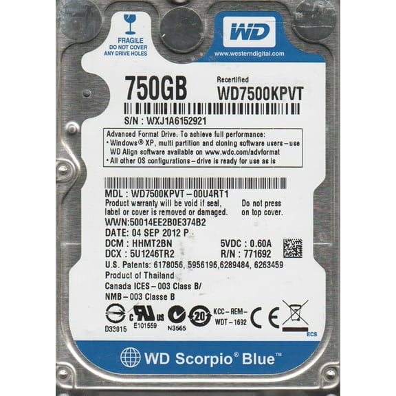 WD7500KPVT-00U4RT1, DCM HHMT2BN, Western Digital 750GB SATA 2.5 Hard Drive