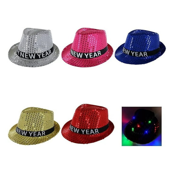 Pack of 12 Happy New Years Eve Theme Party Favor Glitter Fedora Hats with LED Colorful Lights