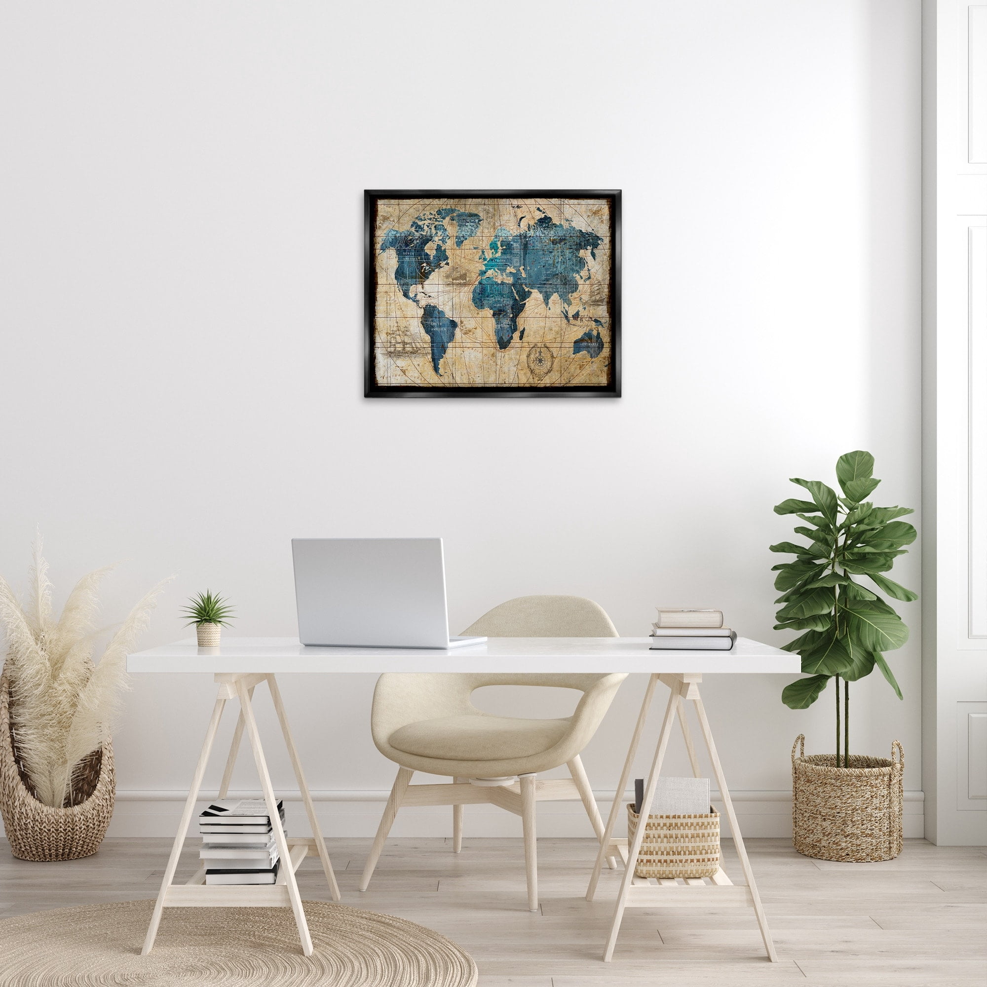 Stupell Industries Vintage Abstract World Map Design Jet Black Framed Floating Canvas Wall Art, 24x30, by Art Licensing Studio