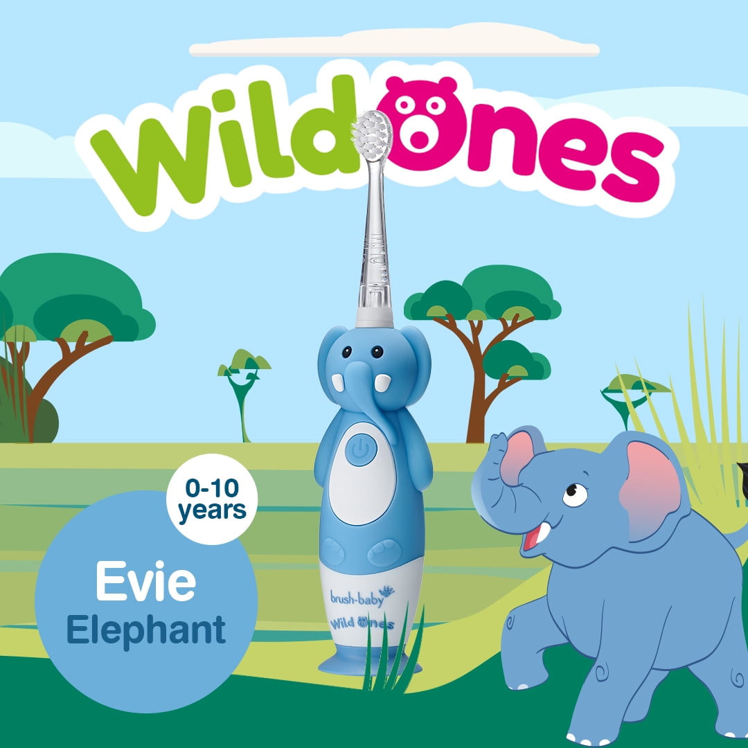 Brush-Baby WildOnes Kids Electric Toothbrush, Evie Elephant, Rechargeable, Timer, Waterproof, Soft Bristles, 0-10