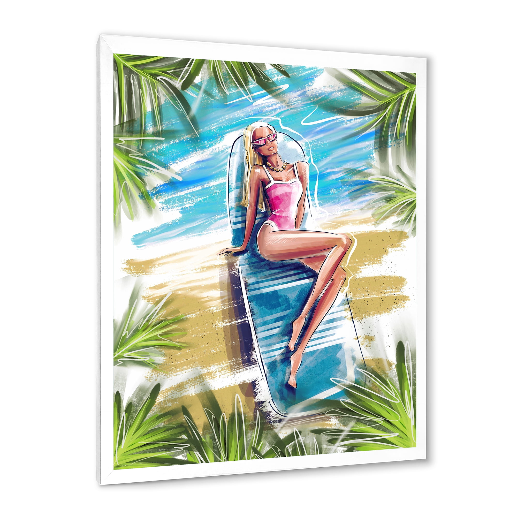 Designart 'Portrait Beautiful Blond Model At The Beach Sunbathing' Nautical & Coastal Framed Art Print