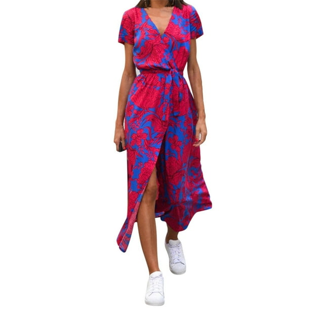 WILLBEST Vestidos con Curvas para Mujer Vestido de Vacaciones de Lunares con Lazo En La Cintura, Cuello En V, Largo Medio y Manga Corta Grande
