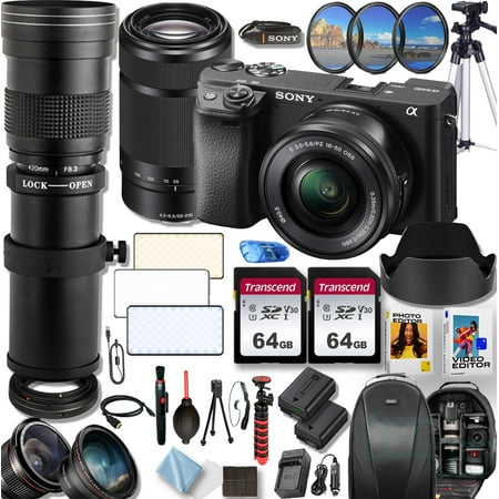 Sony a6400 24.1MP 4K video recording Camera with Sony E PZ 16-50mm f/3.5-5.6 and 55-210mm f/4.5-6.3 OSS Lenses + 420-800mm f/8.3 HD Telephoto Zoom Lens with T-Mount+Deluxe Accessory Bundle