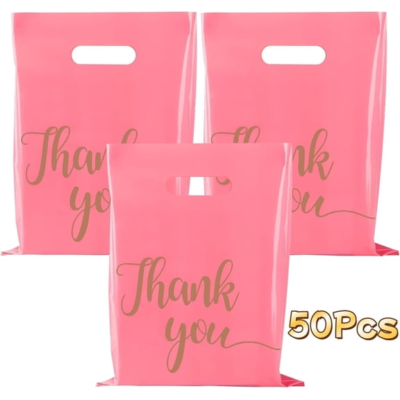 GIXUSIL 50 Pack Thank You Bags for Business, 8 x 12 inch Plastic Merchandise Bags, Extra Thick Retail Shopping Bags with Handle Goodie Bags for Boutique Gift Packaging Wholesale (Pink)