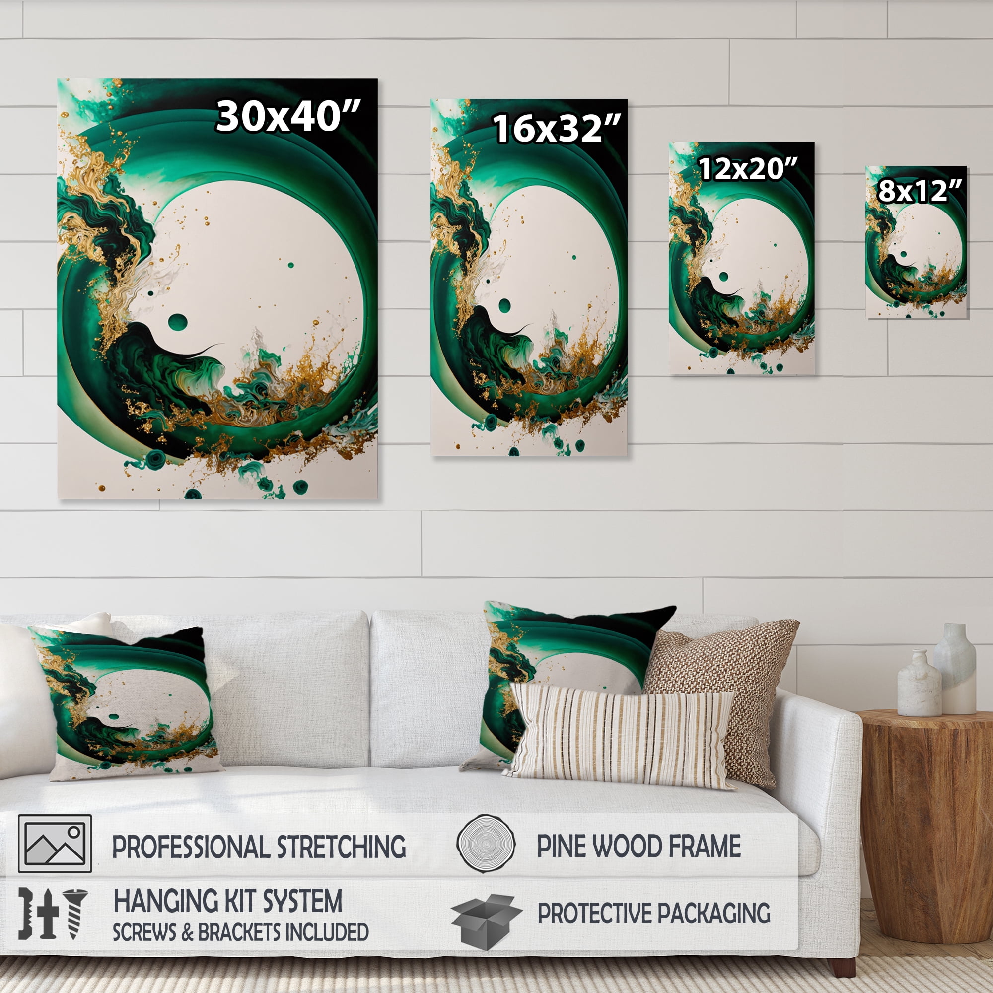 Designart Emerald Green And Gold Abstract Waves II Canvas Wall Art