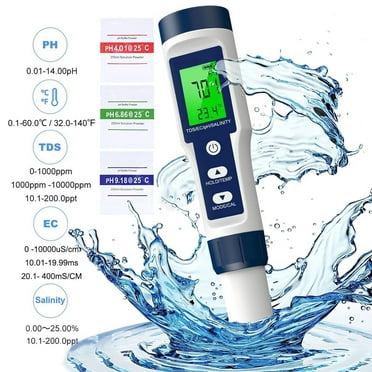 Digital PH Meter, 5 in 1 Pool Salt Tester for Water PH / TDS / EC / Salinity / Temp Meter with ATC, for Household Drinking Water Hot Tub Spas Fish Tank