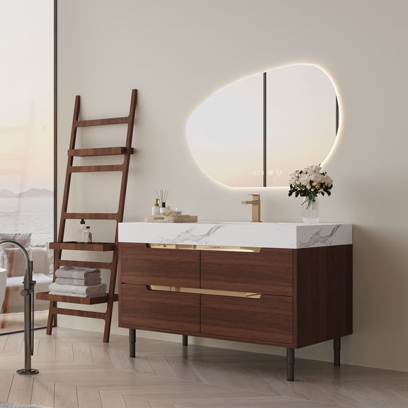 Bathroom Vanity 35.4" Farmhouse Free-standing Sintered Stone Bathroom Vanity with Undermount Sink, Waterproof Multi-layer Solid Wood, 4 Drawers Storage, Wall-Mounted,Vanity With Sink