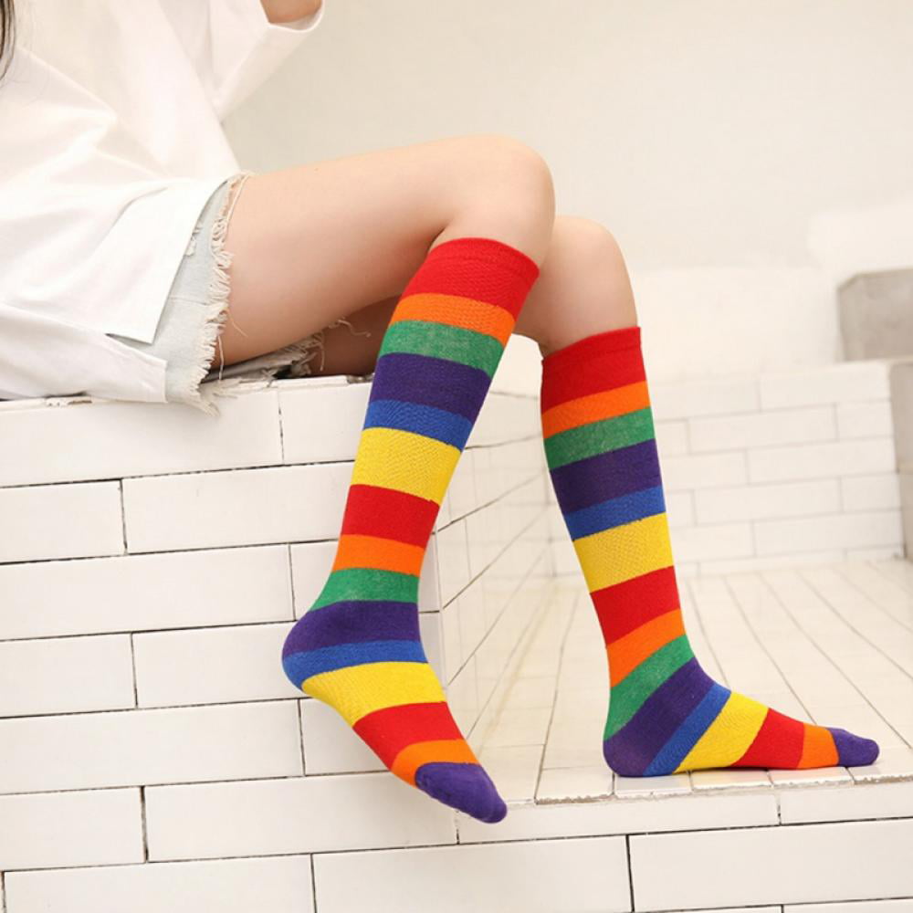 EPEIUS Baby Girl Rainbow Striped Knee High Socks Non-Skid Uniform Tube Stockings for Infant,Toddler and Child 