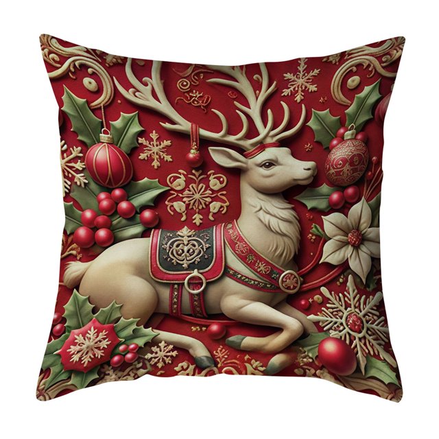 Funda de cojín navideña de 18 x 18 pulgadas con renos de Papá Noel y cremallera oculta, funda de cojín con árbol y muñeco de nieve