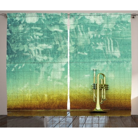 Curtains 2 Panels Set Old Aged Worn Single Trumpet Stands Alone Against A Faded Wall Jazz Music Theme Photo Living Room Bedroom Decor Sea Green