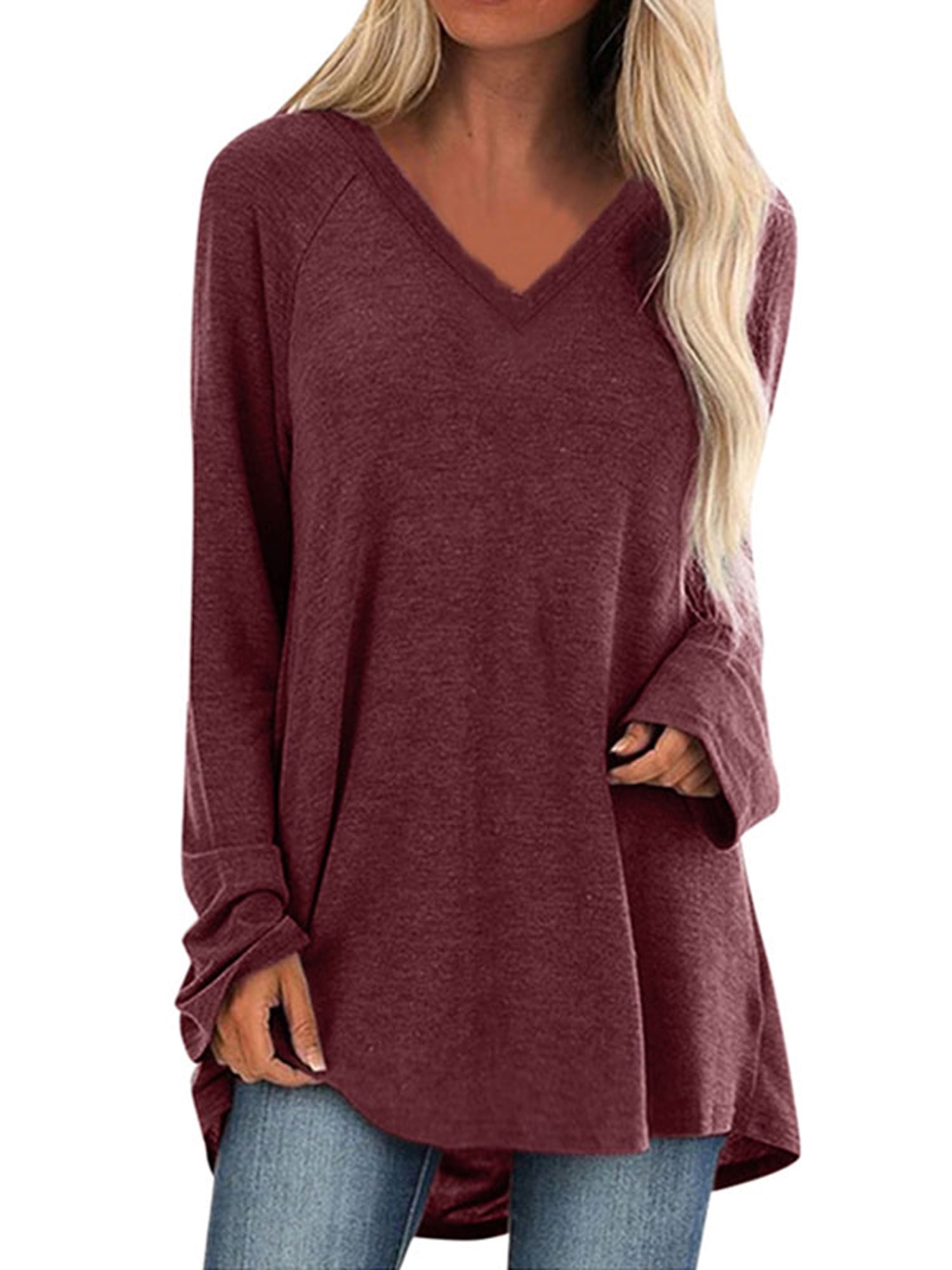 Wodstyle - Women's Plus Size Plain Long Sleeves Loose Casual Tunic V Neck Work Solid Tops 