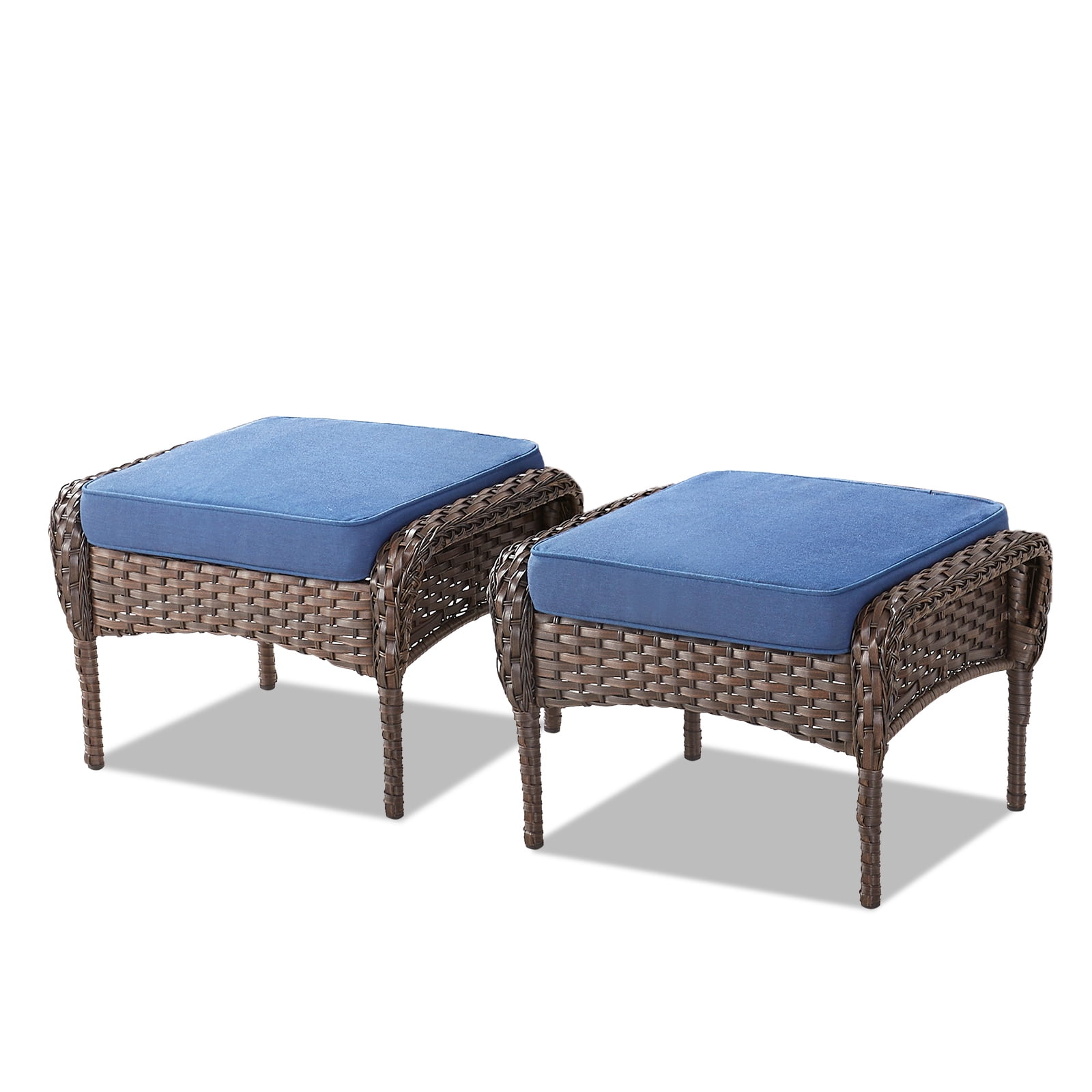Hommoo Outdoor PE Wicker Ottomans Set of 2, Patio Brown Rattan Footrests with Cushion for Backyard or Deck, Blue