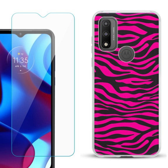 Slim-Fit Gel TPU Phone Case for Motorola Moto G Pure, with Tempered Glass Screen Protector, by OneToughShield ® - Zebra Pink