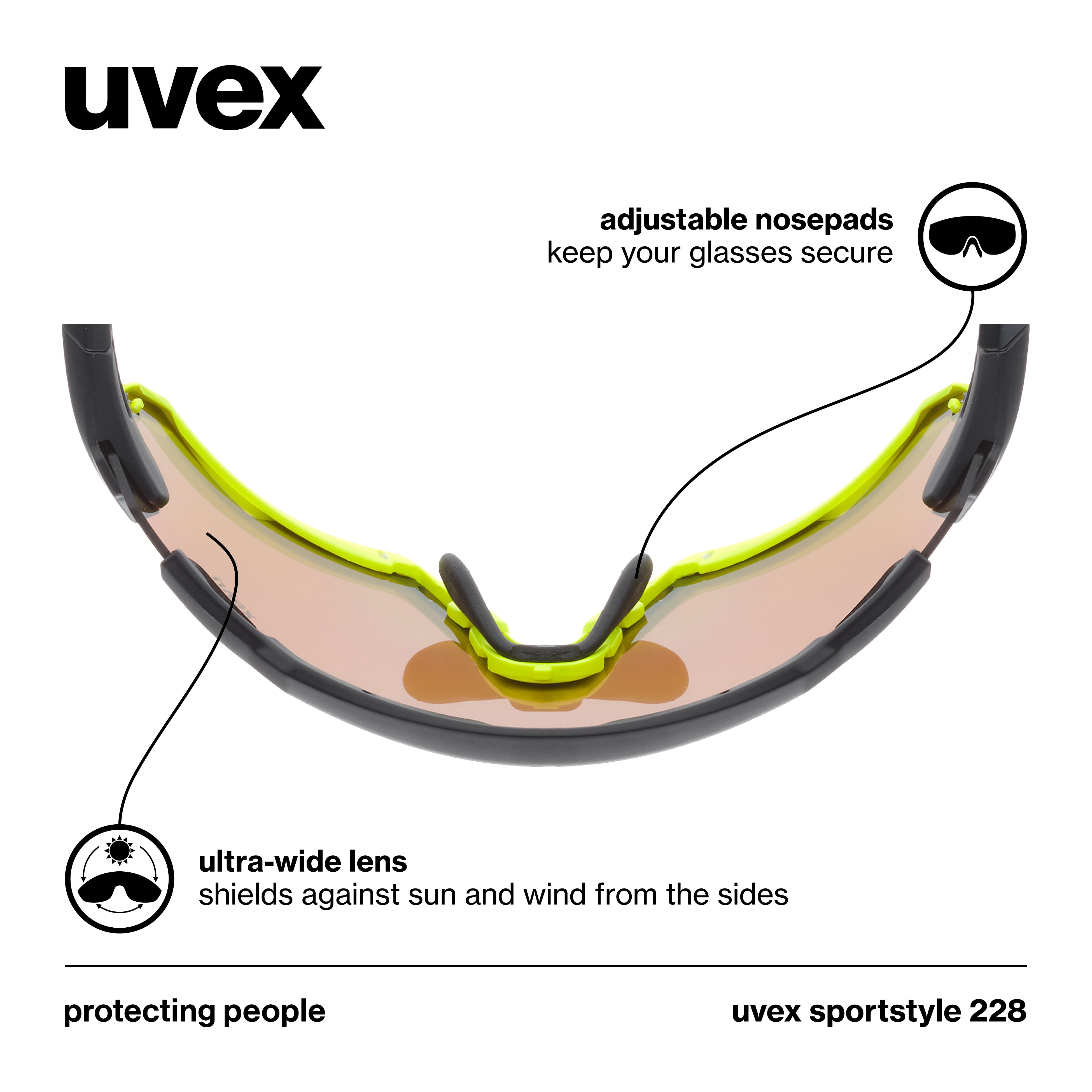 Uvex Sportstyle 228 - Unisex Adults Sports Eyewear Black Yellow Matte/Yellow - Anti-Fog & 100% UV Protection