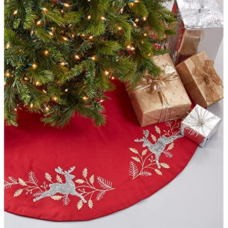 

Fennco Styles Embroidered Reindeer Christmas Tree Skirt 72 Inch Round - Red Festive Tree Skirt for Home Holiday Decoration and Special Occasion