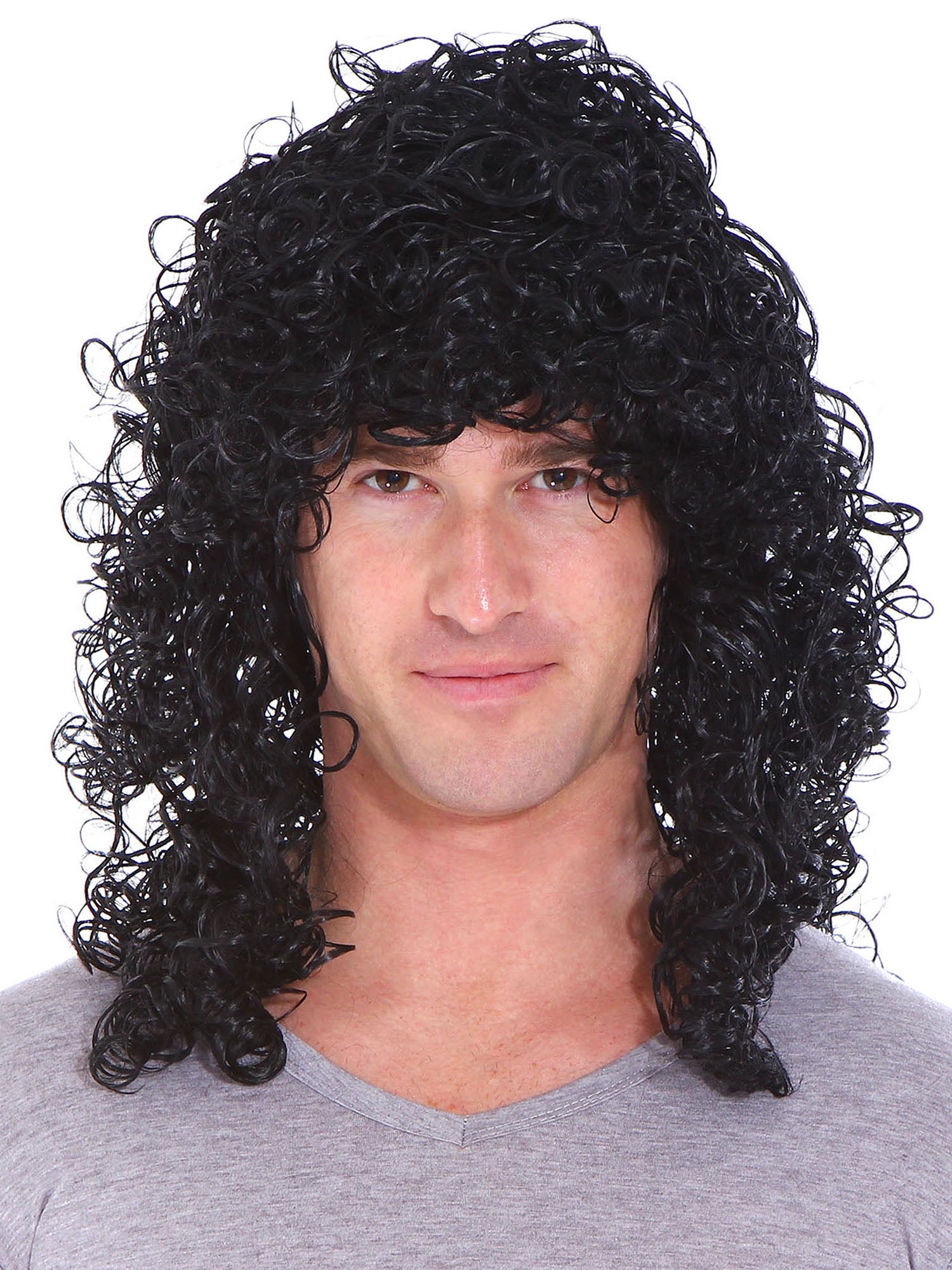 Mens 80s Rocker Long Curly Wig Full Hair Black Wigs - Walmart.com