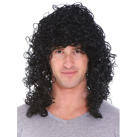 Mens 80s Rocker Long Curly Wig Full Hair Black Wigs