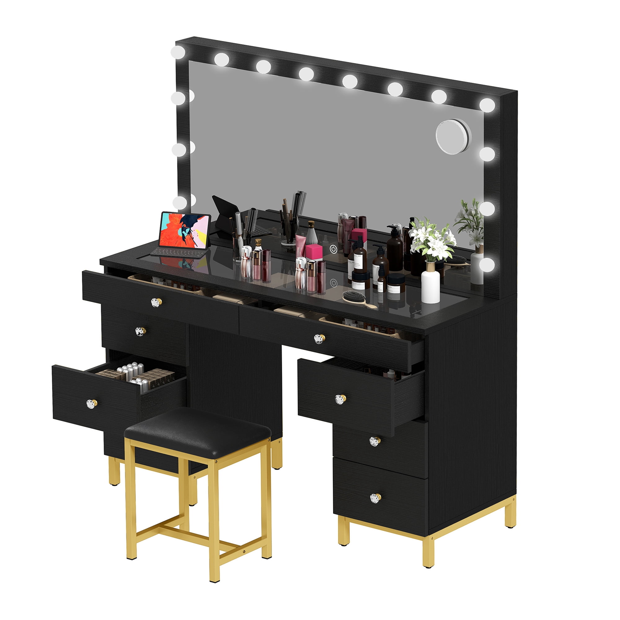 Uforic Makeup Vanity Desk with Glass Top, Lights (14 LED Bulbs), Charging Station,Makeup Dressing Table Set with Stool & 8 Drawers - Black