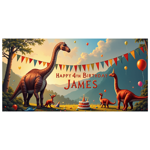 Dinosaur Themed Happy 4th Birthday Banner for James Party Supplies Backdrop Background Decorations Photography Props Birthday Party Decor