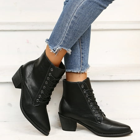 

Aueoeo Brown Boots For Women Black Boots For Women Women s Solid Color Medium Tube Pointed Toe Lace Up Low Heel Boots Shoes