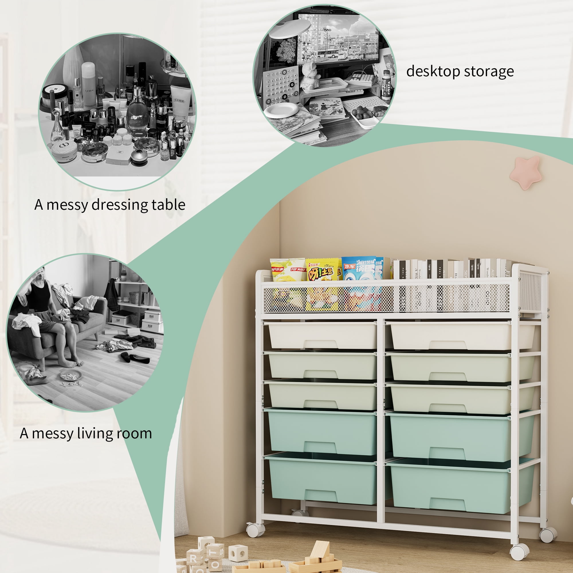 5-Tier Rolling Utility Cart,Large Capacity 2-Row Rolling Storage Cart with 10 Drawer,Metal Utility Storage Organizer with Wheels for Kitchen,Bedroom,Office,Blue