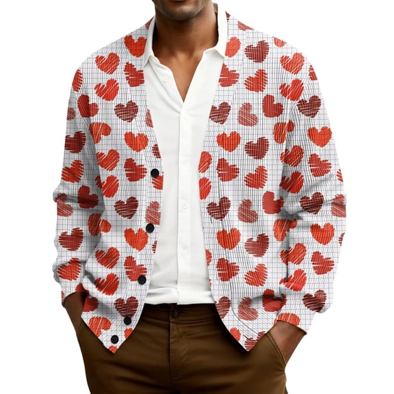 QHRMKOG Cardigan for Men Romantic Valentine's Day Heart Cardigan Sweaters Print Relaxed Fit Long Sleeve V Neck Button Up Cardigan Fashion Ribbed Knited Sweater White 3XL