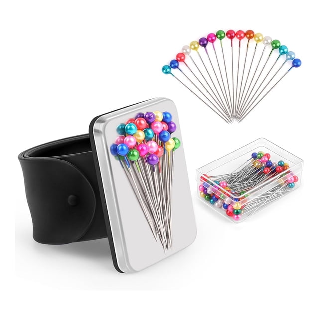 Pulsera Magnética con Alfiletero y Juego de 100 Alfileres de Costura de 1,5 Pulgadas con Cabeza Esférica, Soporte de Silicona para Alfileres de Muñeca para Acolchado. A