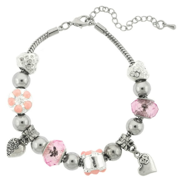 Silvertone Pink and Clear Mix Glass Beads Bracelet and Extender, 7.5"