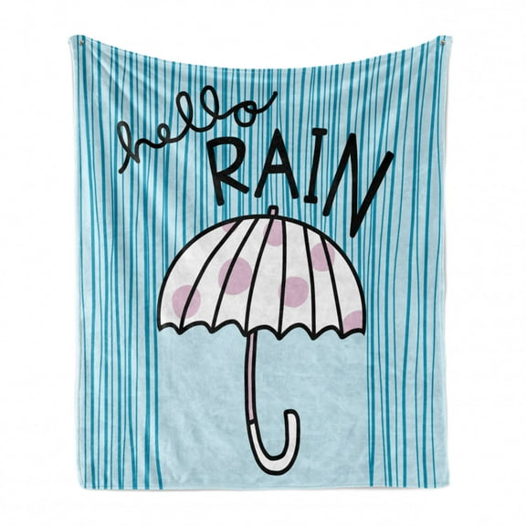 Autumn Soft Flannel Fleece Throw Blanket, Hello Rain Handwritten Message with Umbrella, Cozy Plush for Indoor and Outdoor Use, 50" x 70", Pale Blue Mauve, by Ambesonne