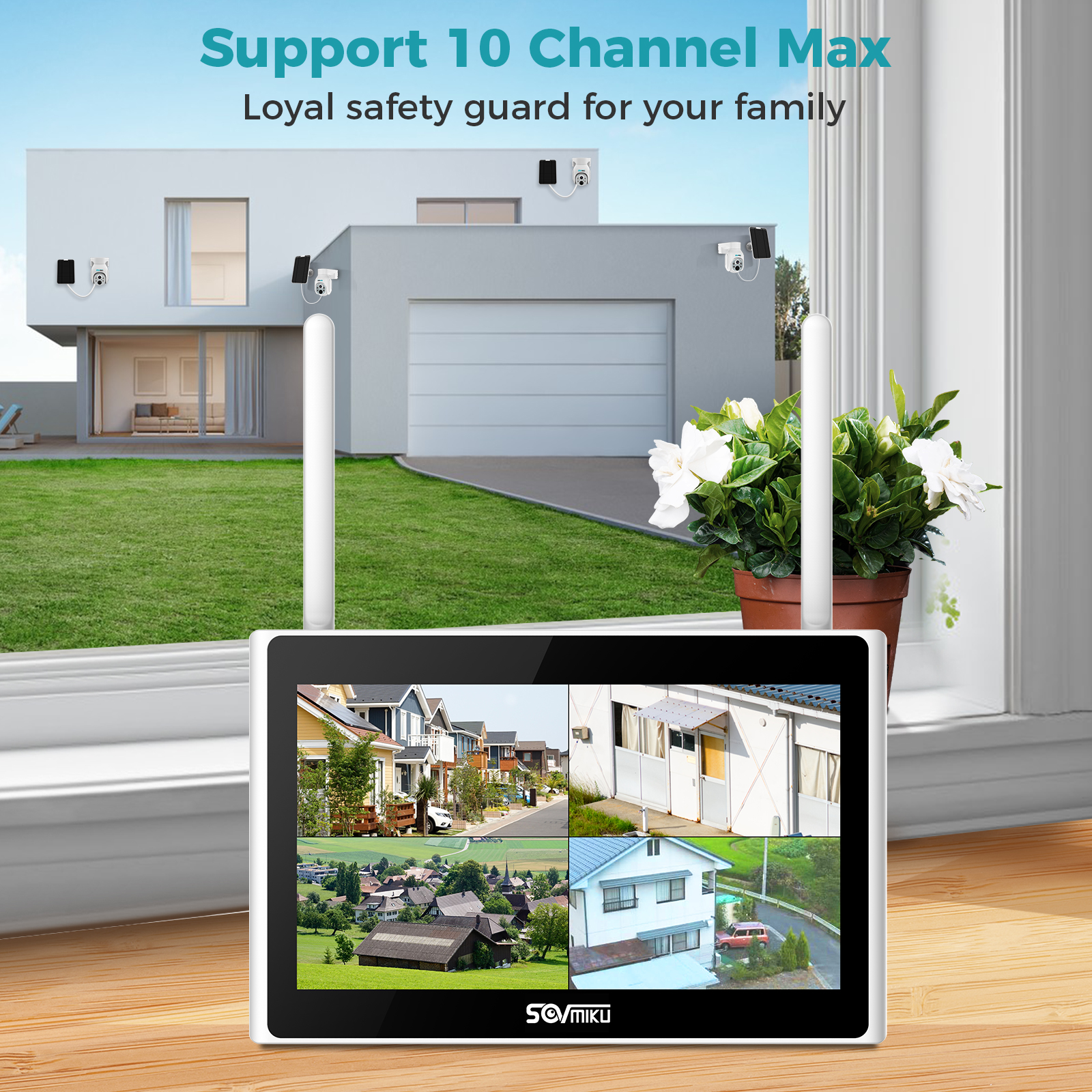 Sovmiku Solar Security Camera Outdoor, 4PCS 4MP Wireless Battery Camera System with 10in LCD, 2-Way Audio, PTZ, Night Vision, 1TB HDD
