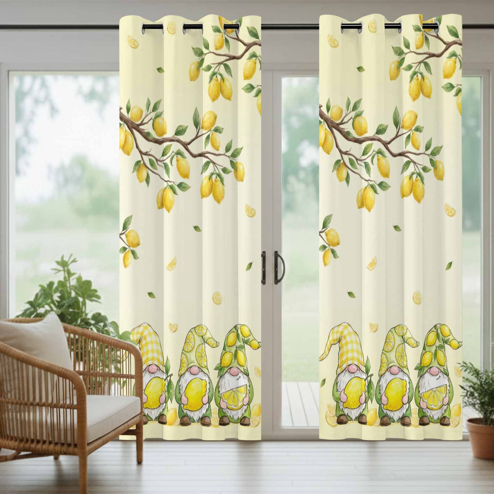 Outdoor Curtains for Patio Waterproof, Lemon Gnomes Windproof Pravicy Outside Porch Blackout Curtain, Summer Tropical Lemon Fruits Yellow Sun Blocking Grommets Curtains for Cabana Gazebo 54"x84"