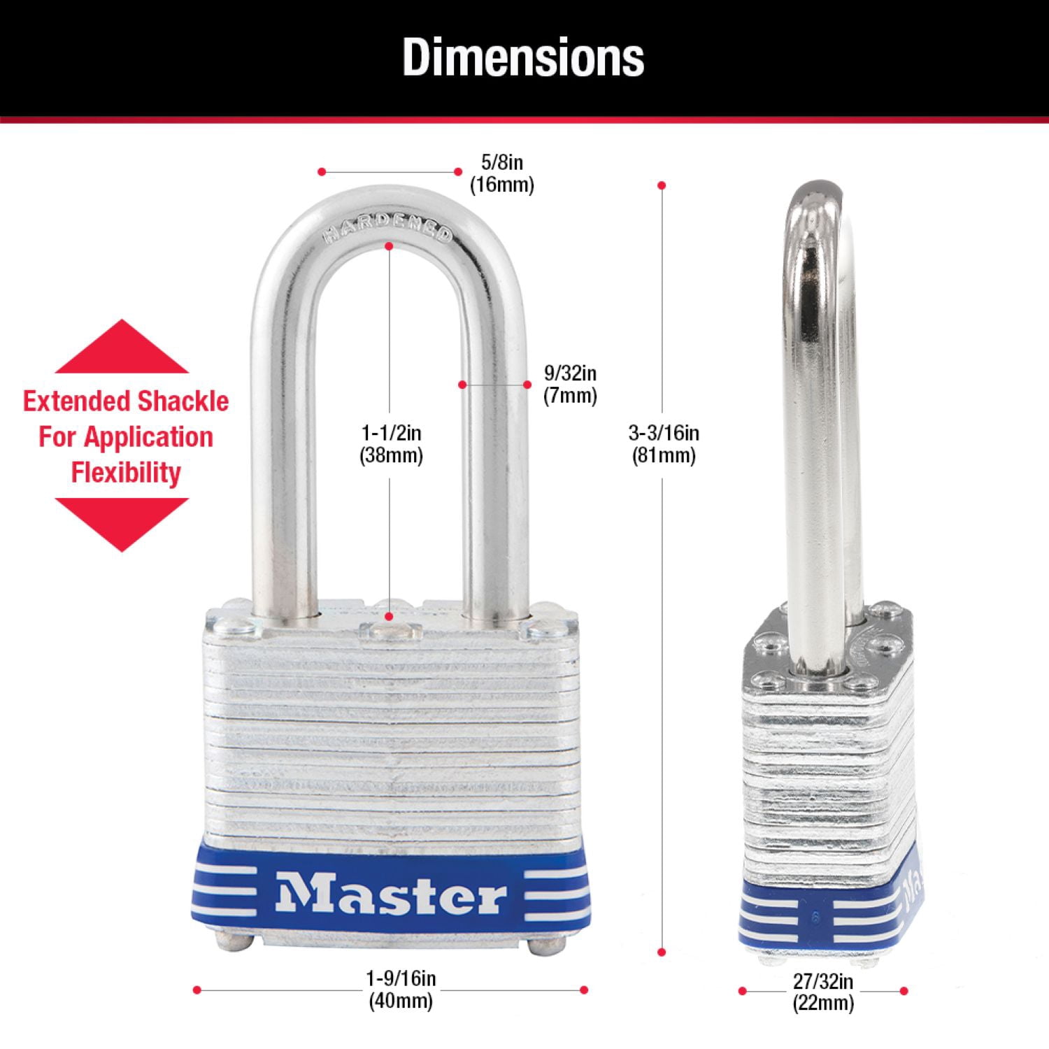 Master Lock 1-9/16in (40mm) Wide Laminated Steel Pin Tumbler Padlock with 1-1/2 (38mm) Shackle; 2-Pack