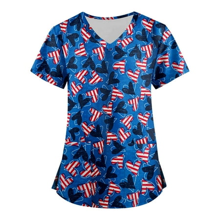 

Sksloeg Women s Scrubs American Flag Print Blouse Short Sleeve Nurse Working Uniform V Neck Graphic Scrub Shirts Blue XXXXL
